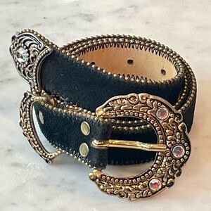 Streets Ahead Suede Belt, Ornate Gold Buckle, beaded trim, black